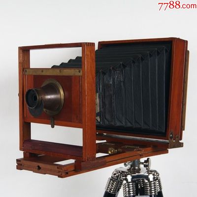 美国古董大皮腔相机木制带脚架带片夹1900年代